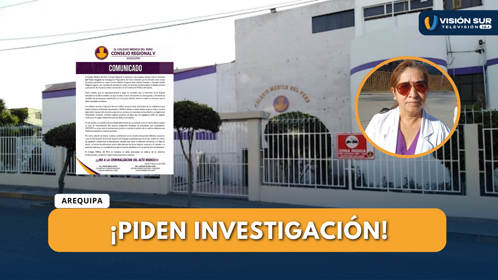 COLEGIO MÉDICO RECHAZA PRISIÓN PREVENTIVA DE MÉDICOS INVESTIGADOS POR MUERTE DE MENOR EN AREQUIPA